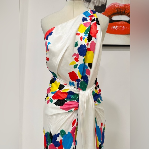 RAISA VANESSA Floral Print One-Shoulder Gown Maxi Embellished Dress - Picture 4 of 12